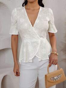SHEIN LUNE Ladies V-Neck Embroidery Patchwork Trim Elegant Blouse - White - View 3