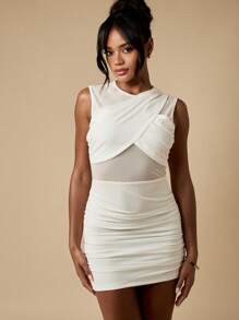 MISSGUIDED Designer Mesh Insert Mini Dress Ruched Draped Bodycon Party Club Night Out Form Fitting Sleeveless Evening Dress - White - View 7