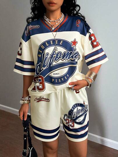 Rovax Patchwork Front Crossed V-Neck Short Sleeve T-Shirt + Shorts 2 Pieces Set