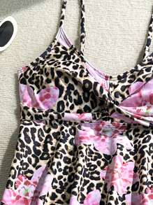 SHEIN Teen Girls' Floral & Leopard Print Twist Ruffle Tankini Swimsuit Set, Bathing Suits For Teens Sets Summer Holiday - Multicolor - View 3