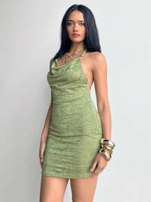 Aloruh Vestido elegante de mujer con escote de halter, espalda descubierta y mini falda en color verde menta, con textura de jacquard