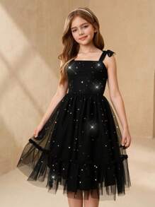 Tween Girls' Off-Shoulder Star Mesh Stitching Party Banquet Wedding Dress, Elegant And - Black - View 1