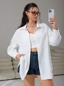 SHEIN EZwear Camisa Feminina Plus Size Com Bolso De Ombro Em Cor Sólida - Branco - View 5