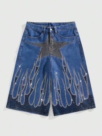 Street Life Pantaloncini da uomo con applicazioni di strass a forma di stella a cinque punte e fiamme, adatti per l'uso quotidiano in primavera ed estate