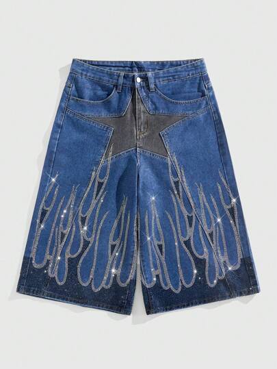 Street Life Pantaloncini da uomo con applicazioni di strass a forma di stella a cinque punte e fiamme, adatti per l'uso quotidiano in primavera ed estate