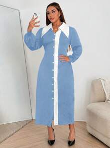 Flirla Strickkleid für große Größen mit Bubble-Ärmeln, Hemdkragen und Knopfleiste - Blau-Weiß - Übersicht 4