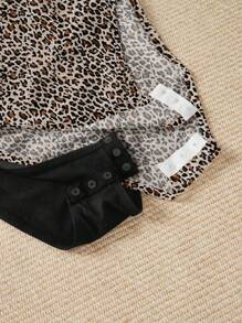 Attitoon 2pcs Women Casual Leopard Print & Solid Color Bodysuit Set, Round Neck Short Sleeve Fitted Bodysuit, Suitable For Summer - Multicolor - View 3