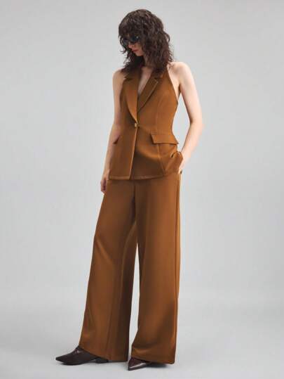 Ontre Trang phục công sở thường ngày mới 2025, Áo khoác không tay cổ ve lật màu trơn và quần dài thời trang thu đông cho nữ