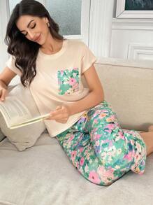 SHEIN 撞色口袋花卉印花短袖和七分裤两件套 - 彩色 - 查看 5