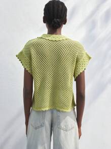 Maija 女士夏季休闲纯色镂空针织开衫，贝壳纽扣，复古夏威夷风格 - 綠色 - 查看 3