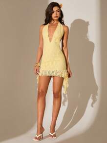 Glamine 女士白色蕾丝边露背交叉带无袖浪漫迷你连衣裙