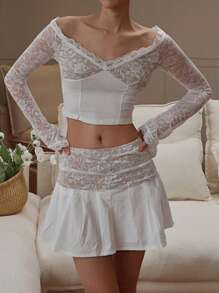 DAZY Women Lace Patchwork T-Shirt And Mini Skirt 2 Pieces Set Off Shoulder Top Vacation - White - View 2