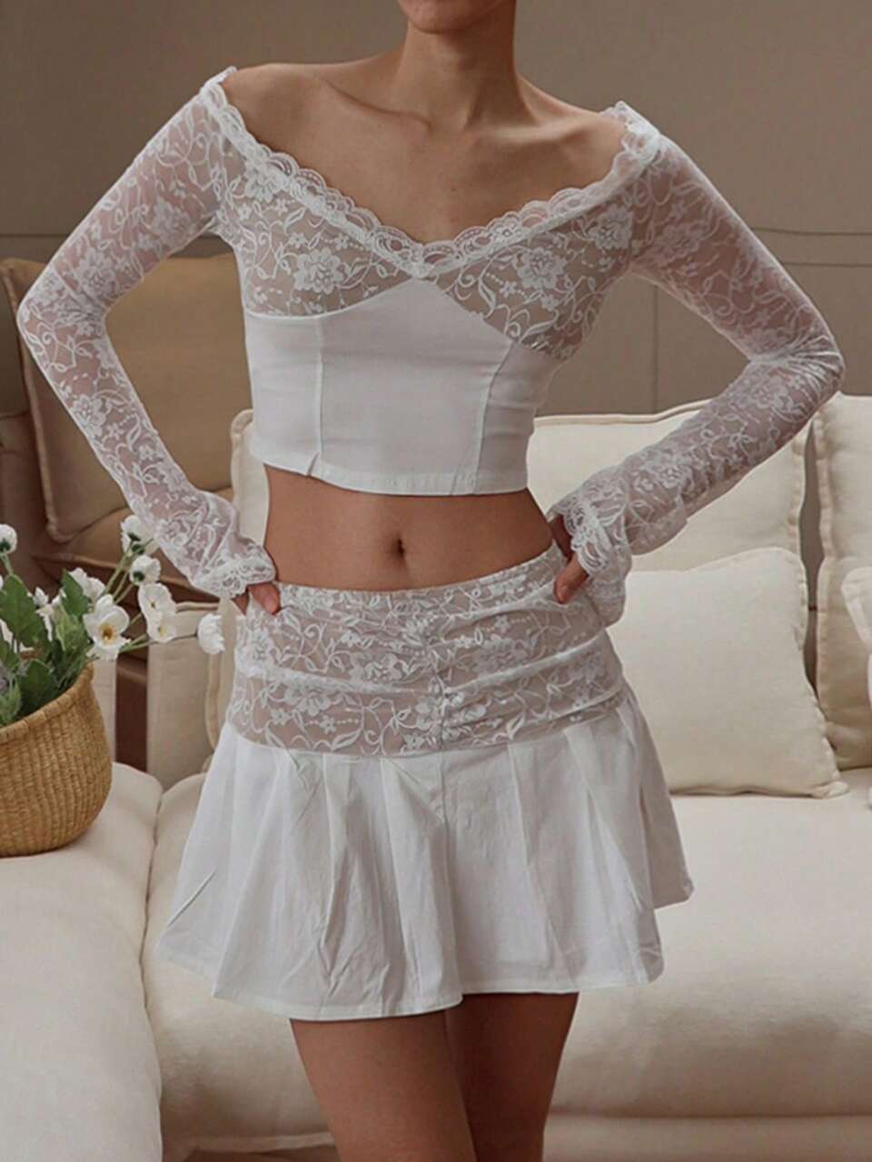 Women Lace Patchwork T-Shirt And Mini Skirt 2 Pieces Set Off Shoulder Top Vacation Lounge Sets For Women Short Sets For Women