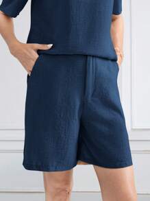 Miaspire 2pcs Women Casual Crew Neck Short Sleeve Top And Knee Length Shorts With Side Pockets Set, Suitable For Spring & Summer