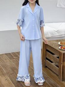 2pcs Tween Girls Casual Minimalist Printed Ruffle Collar Top And Pants Comfy Lounge Pajama Set - Baby Blue - View 5