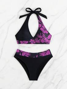 Swim Lushoire 2件套女士花卉印花露肩露背休闲沙滩比基尼套装和沙滩罩衫，夏季 - 彩色 - 查看 5