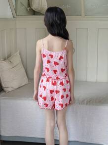 SHEIN Leap Crew 4 件套女童夏季可爱蝴蝶结和心形印花吊带背心搭配短裤针织舒适阻燃睡衣套装 - 彩色 - 查看 2