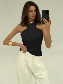 Aloruh Áo ba lỗ cổ tròn xoắn trang trí màu đen trơn mới, áo không tay thường ngày, dành cho đi chơi - màu đen - Xem 7