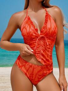 Swim Vcay 女士随机印花纹理荷叶边打结前开襟泳衣