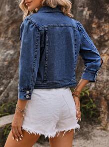 EMERY ROSE 1 件女式长袖单排扣休闲牛仔夹克，百搭 - 深色水洗藍 - 查看 2