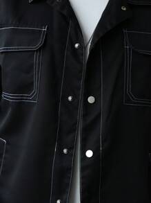 Manfinity Homme Men's Fashion Button Up Black Jacket, Suitable For Summer, Fall - Black - View 4