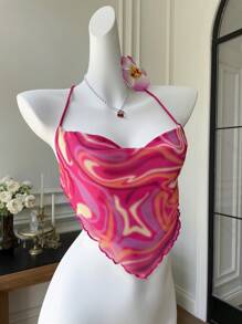 SHEIN EZwear 夏季服装大理石印花十字结露背头巾下摆吊带上衣