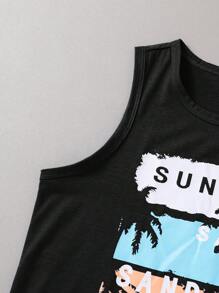 SHEIN Tween Boy Casual Vacation Style Palm Tree Pattern Sleeveless Loose Knit Tank Top, Suitable For Beach, Sports, Vacation, School - Black - View 5