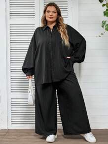 SHEIN CURVE+ 大尺碼女款休閒純色落肩寬鬆百褶襯衫與寬腿長褲兩件套，適合秋季約會之夜、早午餐、夏威夷風，黑色 - 黑色 - 查看 7