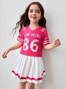2pcs/Set Girls Knit Solid V-Neck T-Shirt With Letter & Numeral Print Paired With Mini Skirt - Hot Pink - View 1