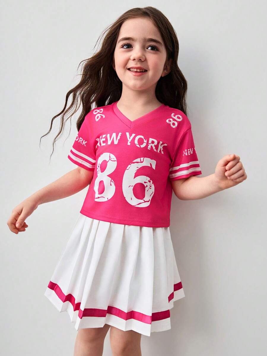 2pcs/Set Girls Knit Solid V-Neck T-Shirt With Letter & Numeral Print Paired With Mini Skirt - Hot Pink - View 1