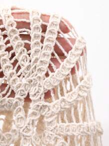 DAZY Boho Vacation Style Crochet Hollow Out Knitted Cardigan For Women, Spring/Summer, Tie Front Crop Top, Fall Cruise - Beige - View 9