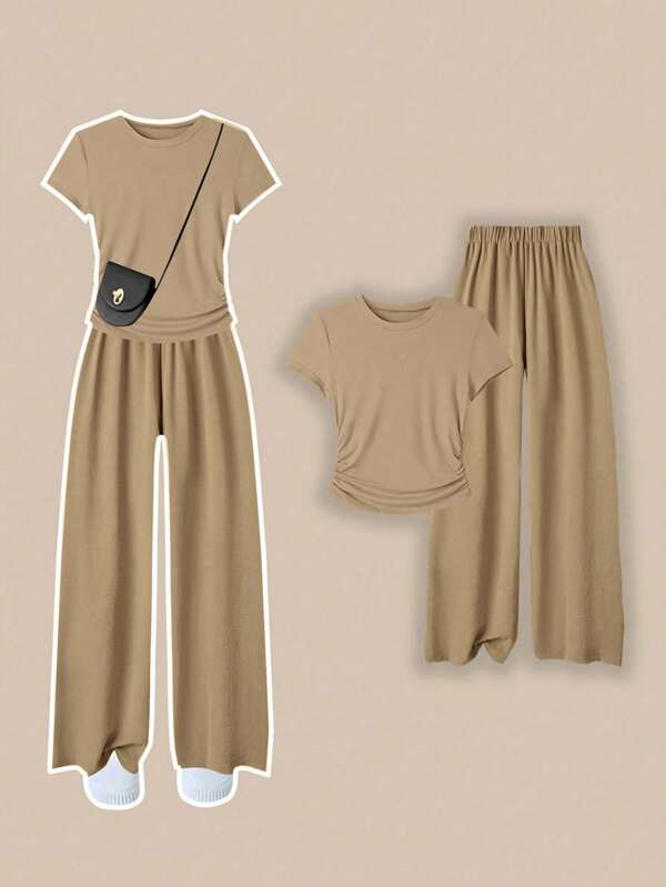 Franclia 2pcs Solid Color Round Neck Short Sleeve T-Shirt And Pants Casual Set For Women