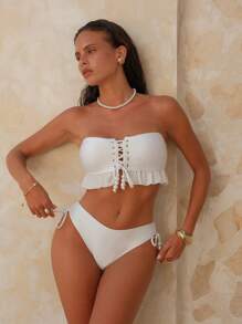 Swim Chiccia 2pcs/Set Women's All White Summer Tankini,Ruffle Crop Top & Side Drawstring Briefs Pearl Decoration,Casual Party Vacation Holiday Elegant Beachwear - White - View 5