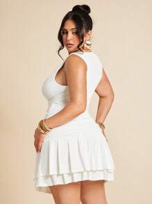 SHEIN BAE Plus Size Curve Women's Sleeveless Solid Color White Tight Fitted Ruched Mini Double Layer Ruched Dress, Suitable For Summer, Autumn/Winter,Sage Green Dress,Summer Dresses For Women - Beige - View 3