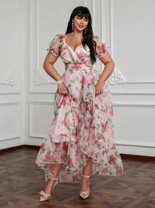 Lyrianda 大码甜心领泡泡袖度假欧根纱浪漫花卉印花荷叶边下摆优雅可爱复古长款 A 字连衣裙，女式，春夏，粉色 - 粉色 - 查看 5