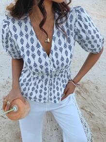 DAZY Áo kiểu nữ cổ chữ V, tay phồng, thắt eo, in họa tiết, thích hợp cho kỳ nghỉ hè. - Xanh và trắng - Xem 1
