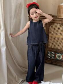 Dazy Kids 2件套少女圆领无袖牛仔上衣+牛仔裤套装，春夏