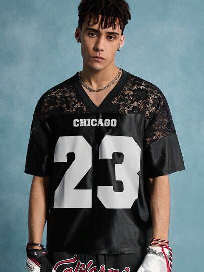 Street Life Men's Street Lace Patchwork V-Neck Letter Print Short Sleeve Shirt