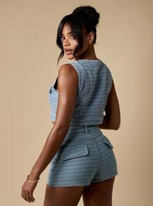 MISSGUIDED Textured Jacquard Button Front Crop Vest Utility Style Summer Festival Denim Top Sleeveless Button Through Modern Y2K Inspired Design - Baby Blue - View 2