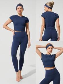 GLOWMODE Ít hơn là nhiều Áo chống nắng UV nhẹ Áo crop top ôm sát vừa vặn cho bé Tập yoga Pilates Barre Studio Trang phục thường ngày nhẹ nhàng - Dark Blue - Xem 6
