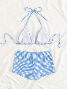 Swim Mod Fruit Print Halter Neck Backless Bikini & Plaid Shorts, 2pcs/Set Women Beach Swimsuit For Summer Beach Vacation - Blue and White - View 5