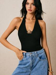 Poéselle Women's Summer Metal Decor Fashionable Fitted Halter Neck Tank Top