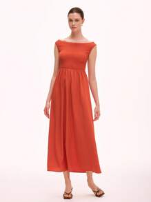 SHEIN Unity 女士优雅简约休闲纯色露肩A字连衣裙 - 紅木色 - 查看 5