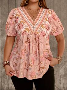 EMERY ROSE Blusa de manga corta con cuello en V para tallas grandes, de moda para vacaciones de verano estilo bohemio - Albaricoque - Ver 3