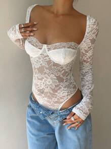 Aloruh 女士性感优雅蕾丝细节长袖紧身衣 - 白色 - 查看 8