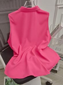 SHEIN LUNE Plus Size Button Front Sleeveless Polo Collar Shirt - Pink - View 2