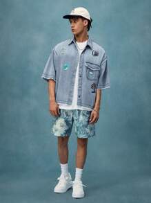 ROMWE MEN Casual Street Life Men's Boxy Fit Printed Denim Top, Denim Short Sleeve Shirt - Blue - View 5