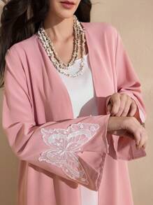 Graceveil 1pc Elegant Long Sleeve Jacket With Butterfly Embroidery & Side Slit Cuff, Modest Robe, Abaya - Pink - View 6