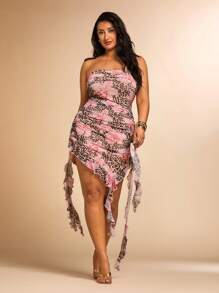 SHEIN BAE Plus Size Women's Summer Sexy Leopard & Floral Print Ruffled Asymmetric Hem Dress, Elegant For Date, Party, Birthday, Bridesmaid, Casual Wear' - Pink - View 1