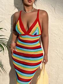 SHEIN EZwear 大码彩虹条纹长裙针织毛衣，适合春夏季假期 - 彩色 - 查看 11